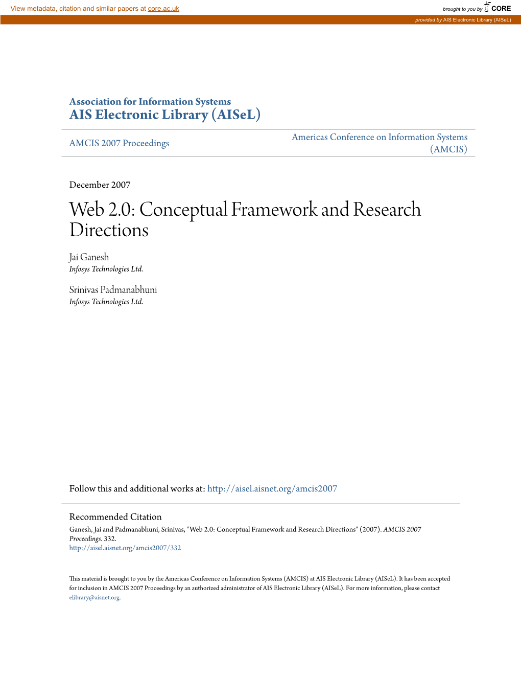 Web 2.0: Conceptual Framework and Research Directions Jai Ganesh Infosys Technologies Ltd