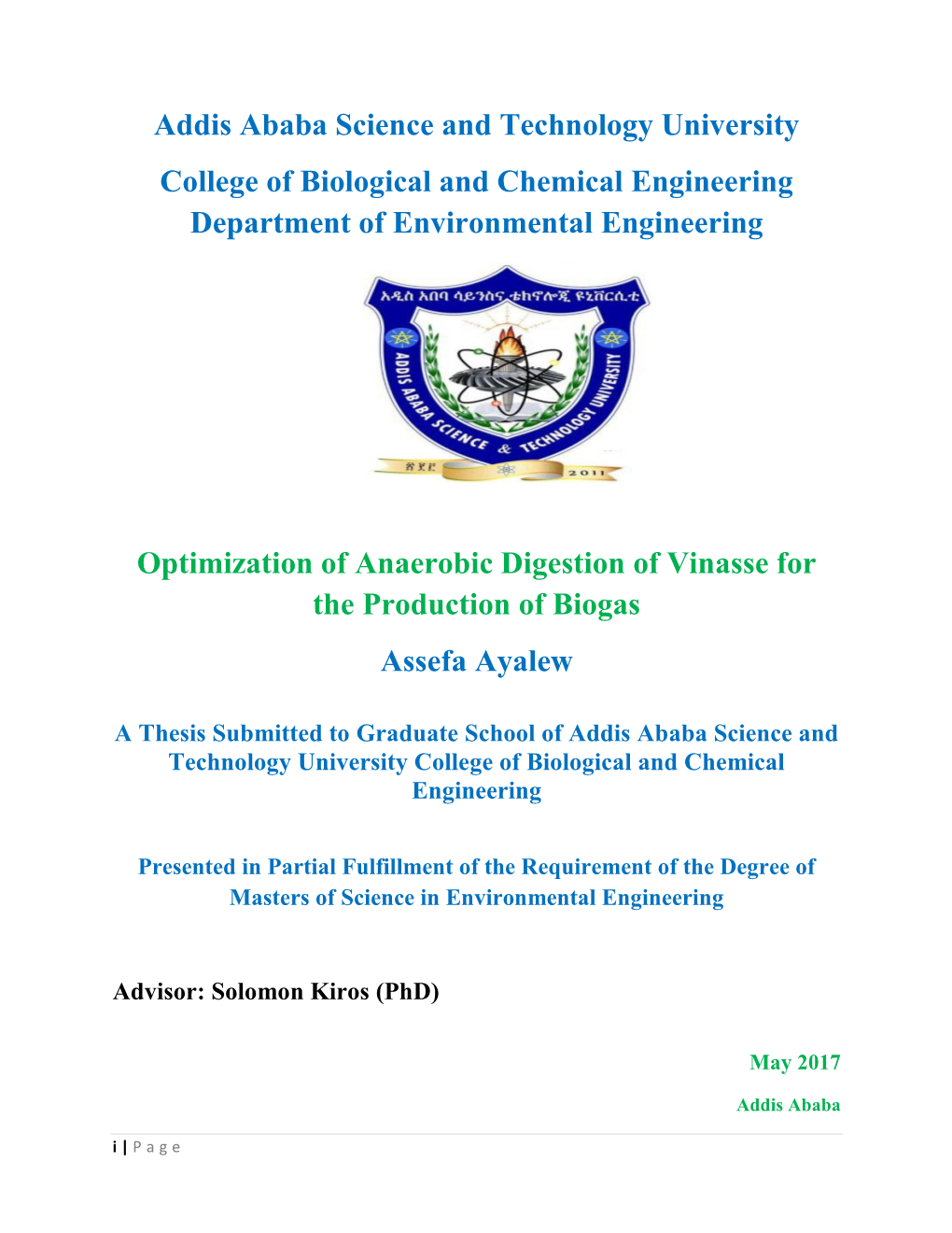 Addis Ababa Science and Technology University College of Biological and Chemical Engineering Department of Environmental Engineering