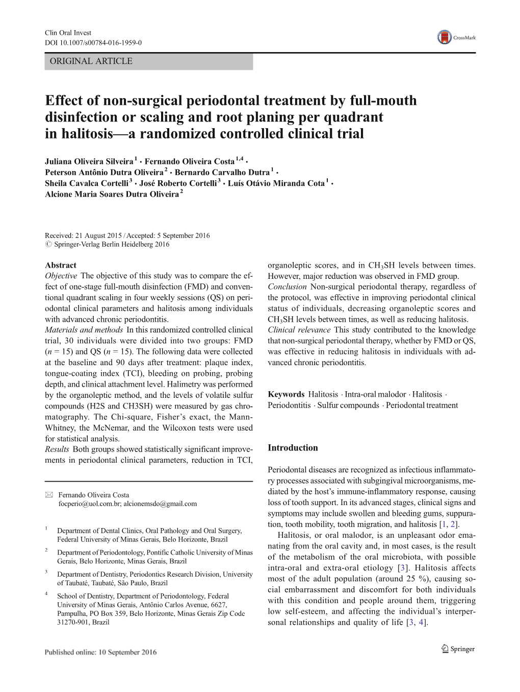 Effect of Non-Surgical Periodontal Treatment by Full-Mouth Disinfection Or Scaling and Root Planing Per Quadrant in Halitosis—A Randomized Controlled Clinical Trial