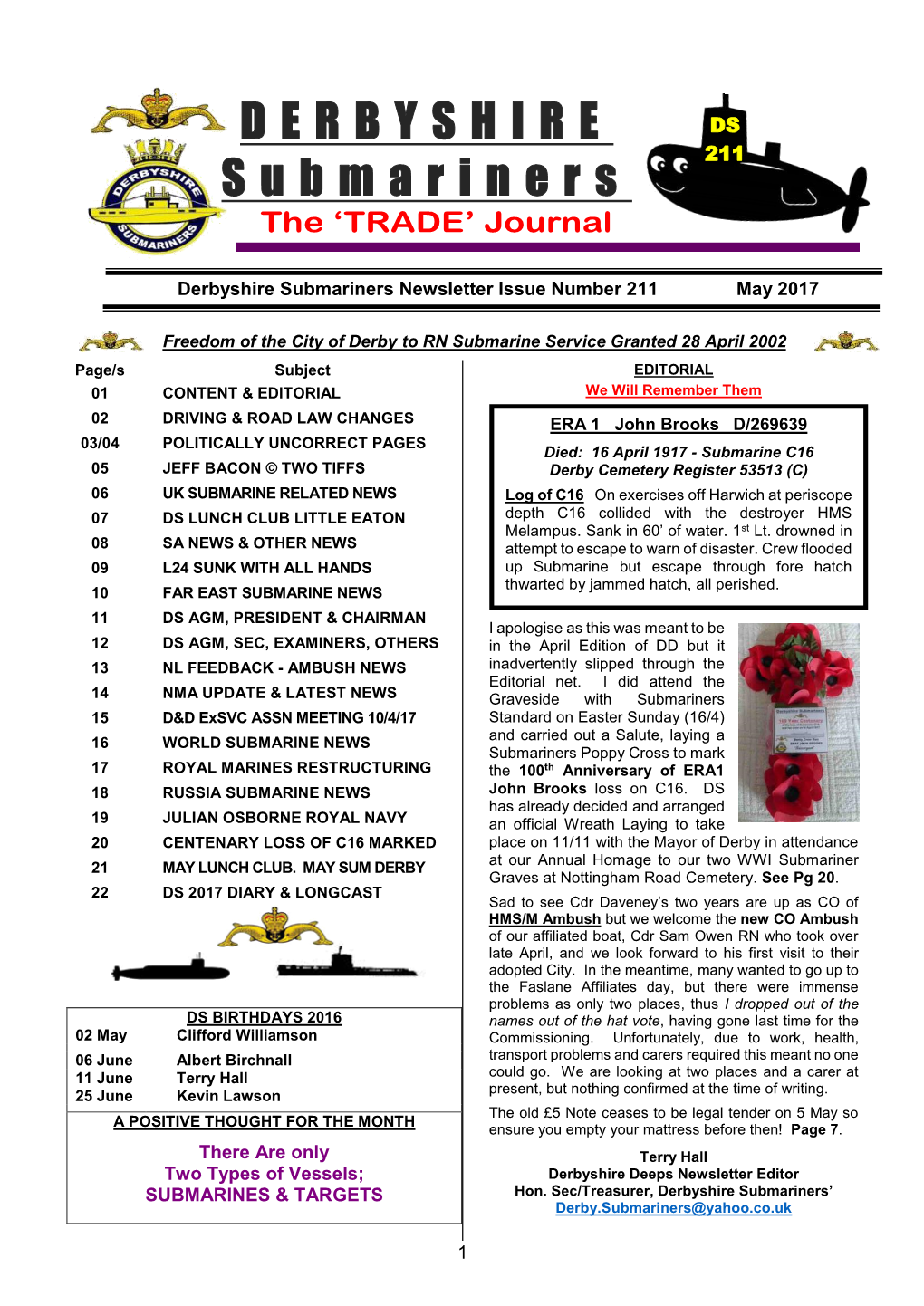 Derbyshire Submariners Newsletter Issue Number 211 May 2017