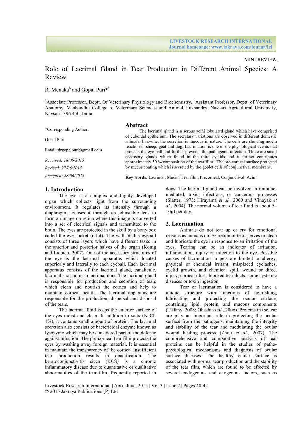 Role of Lacrimal Gland in Tear Production in Different Animal Species: a Review