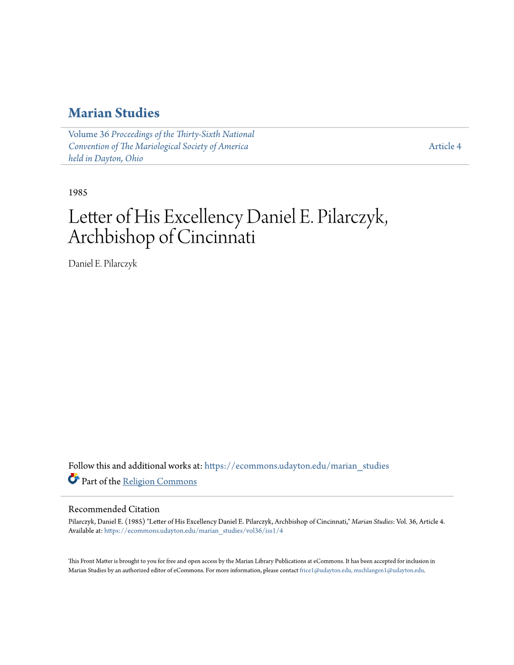 Letter of His Excellency Daniel E. Pilarczyk, Archbishop of Cincinnati Daniel E