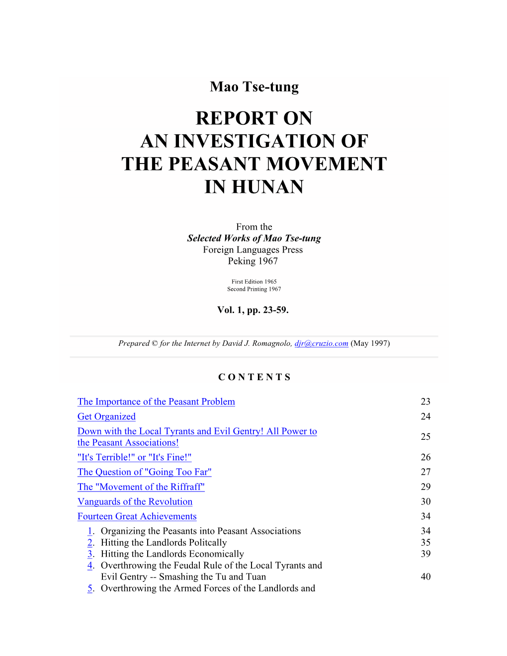 Report on an Investigation of the Peasant Movement in Hunan