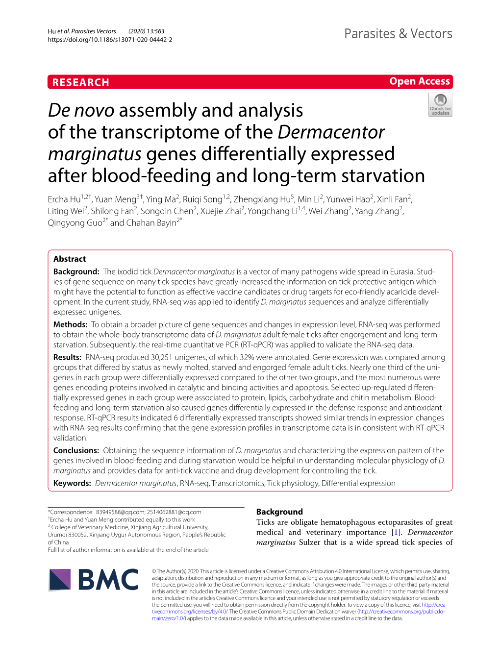 De Novo Assembly and Analysis of the Transcriptome of the Dermacentor