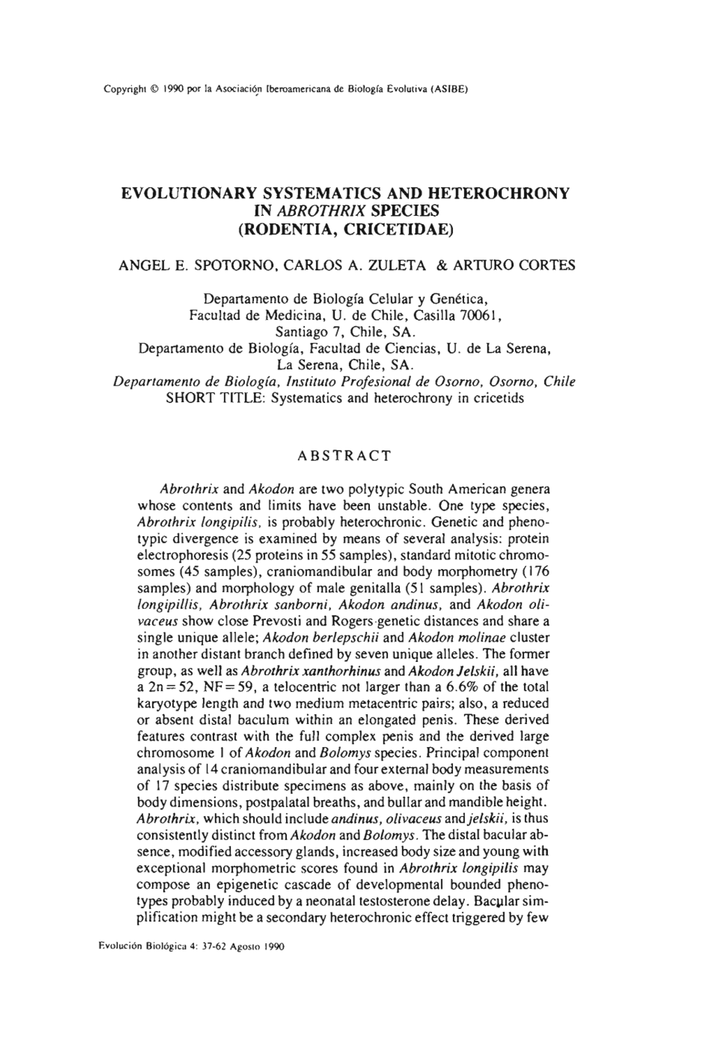 Evolutionary Systematics and Heterochrony in Abrothrix Species (Rodentia, Cricetidae)