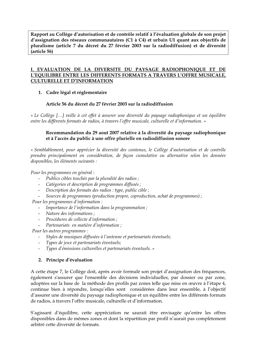 Document Relatif Au Pluralisme De L'offre Radio Et À La Procédure D'autorisation