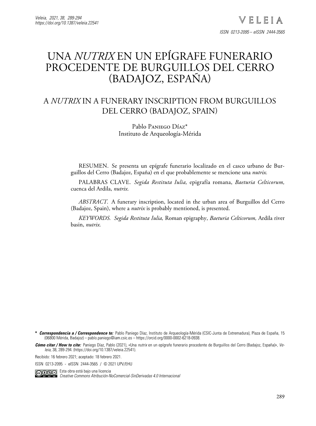 Una Nutrix En Un Epígrafe Funerario Procedente De Burguillos Del Cerro (Badajoz, España)