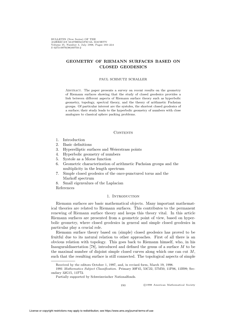 Geometry of Riemann Surfaces Based on Closed Geodesics