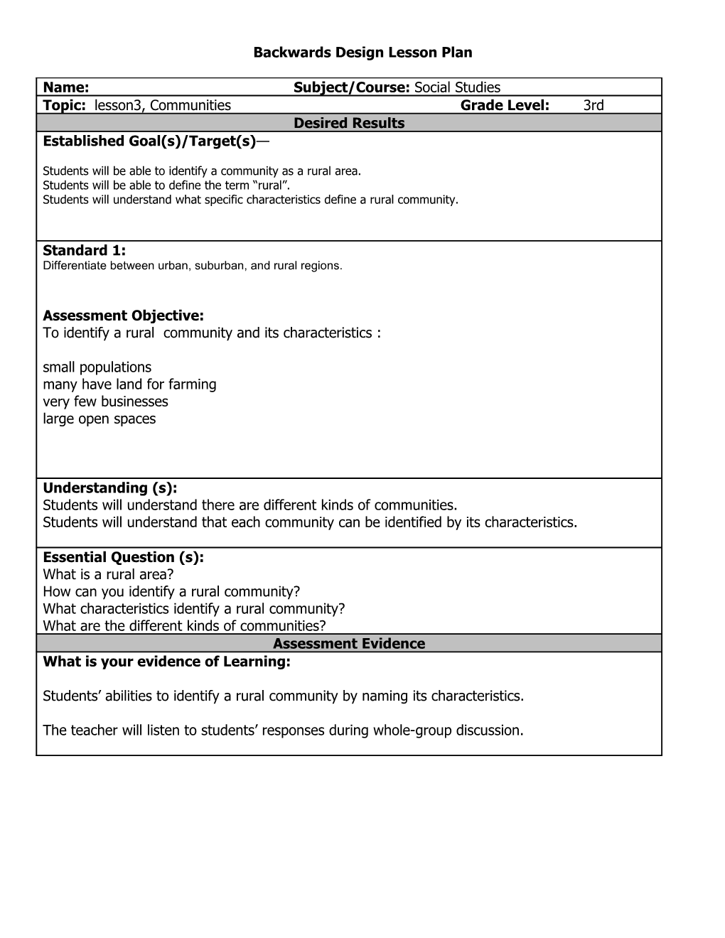 Backwards Design Lesson Plan