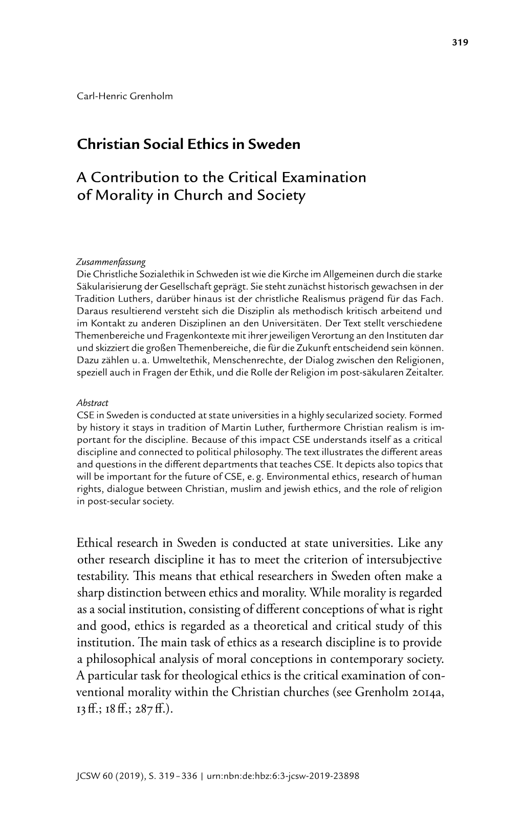 Christian Social Ethics in Sweden a Contribution to the Critical