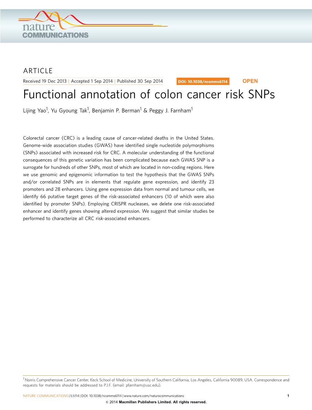 Functional Annotation of Colon Cancer Risk Snps