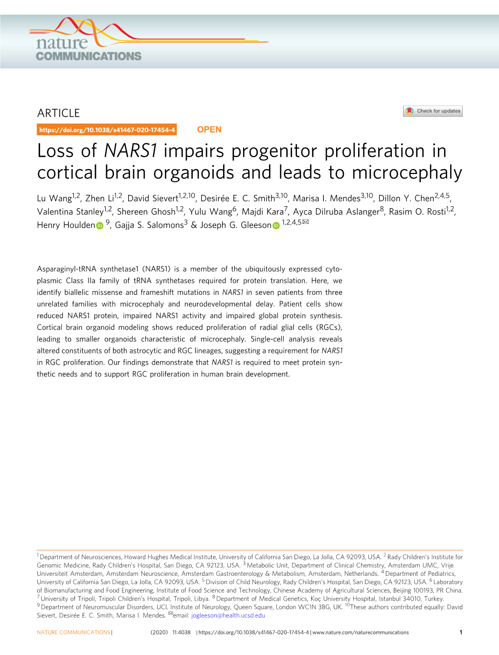 Loss of NARS1 Impairs Progenitor Proliferation in Cortical Brain Organoids and Leads to Microcephaly