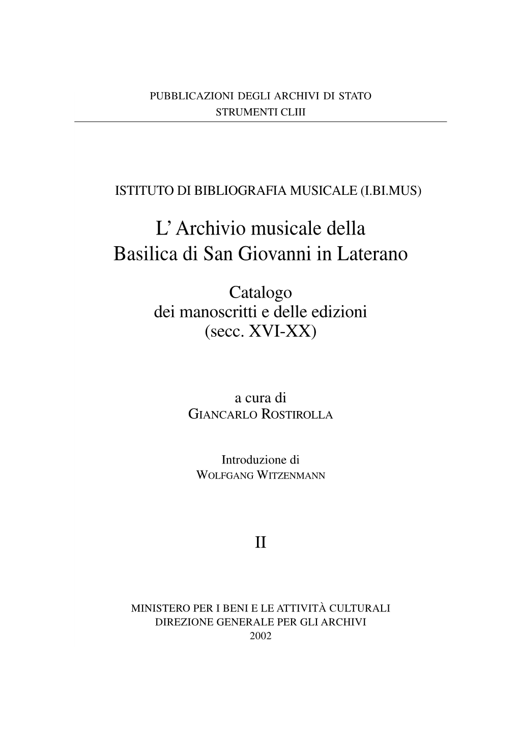 L' Archivio Musicale Della Basilica Di San Giovanni in Laterano Catalogo