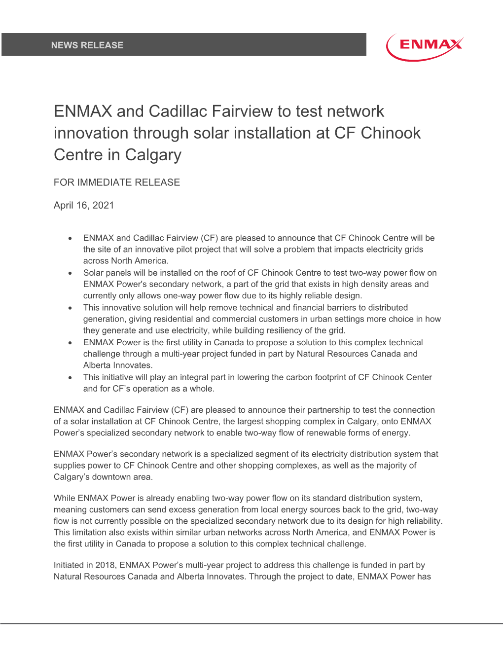 ENMAX and Cadillac Fairview to Test Network Innovation Through Solar Installation at CF Chinook Centre in Calgary