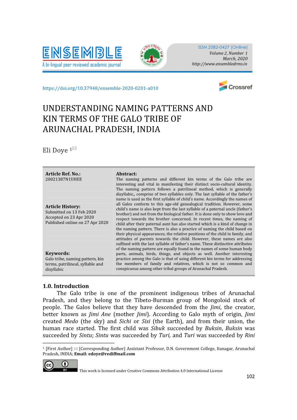 Understanding Naming Patterns and Kin Terms of the Galo Tribe of Arunachal Pradesh, India