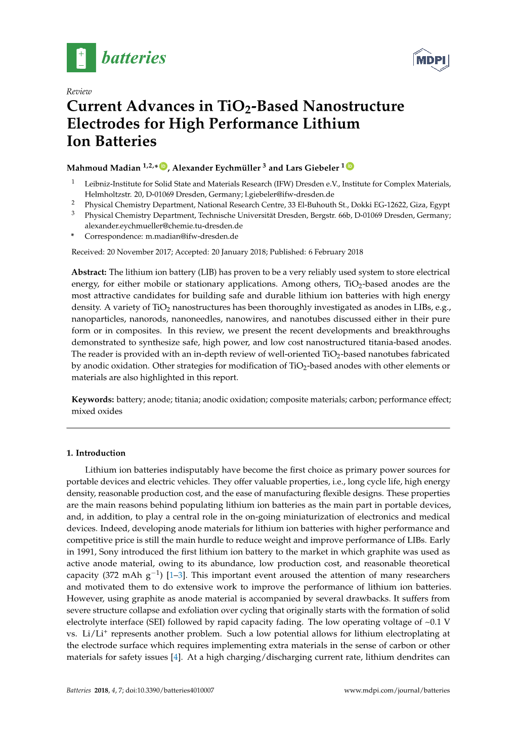 Current Advances in Tio2-Based Nanostructure Electrodes for High Performance Lithium Ion Batteries