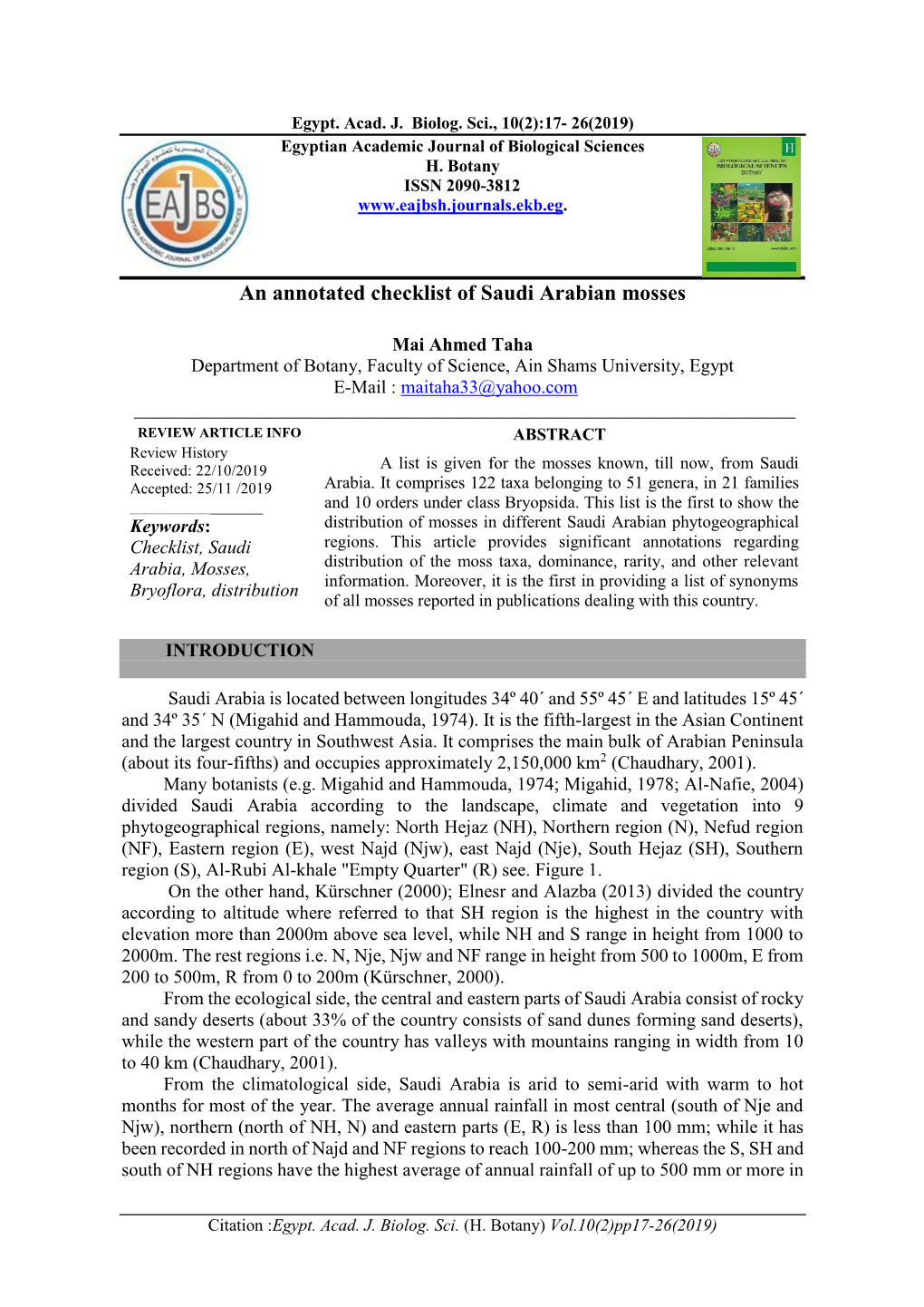 An Annotated Checklist of Saudi Arabian Mosses