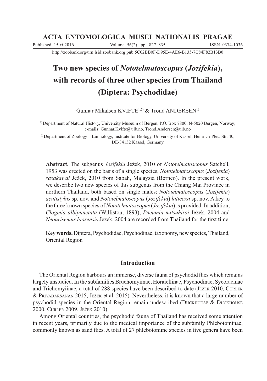 Two New Species of Nototelmatoscopus (Jozifekia), with Records of Three Other Species from Thailand (Diptera: Psychodidae)