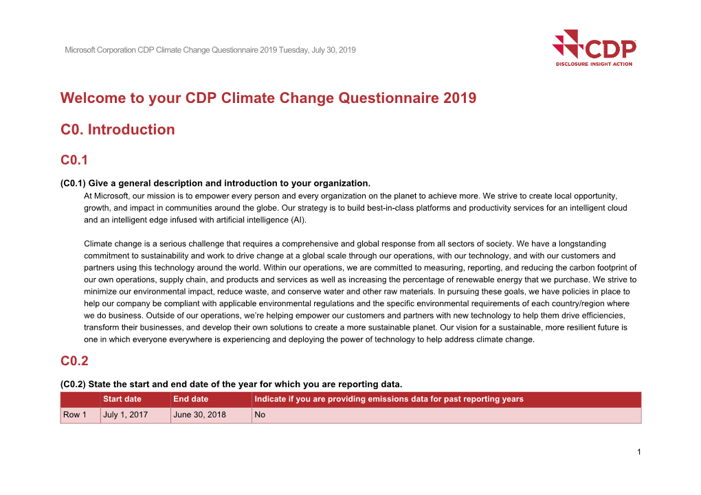 Your CDP Climate Change Questionnaire 2019 C0. Introduction