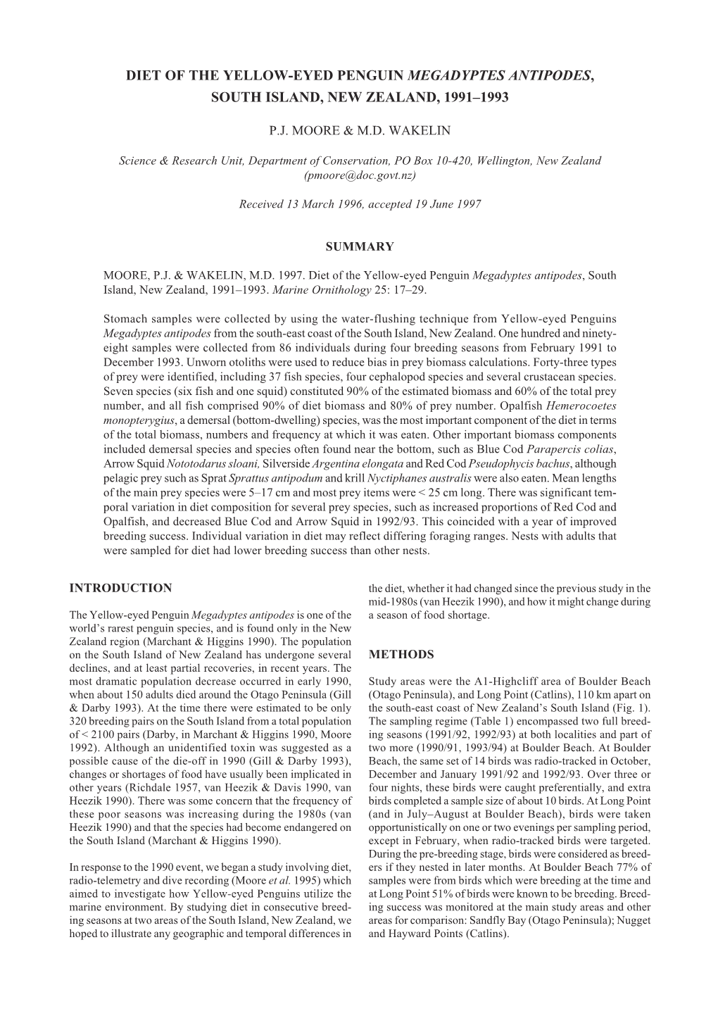 Diet of the Yellow-Eyed Penguin Megadyptes Antipodes, South Island, New Zealand, 1991–1993