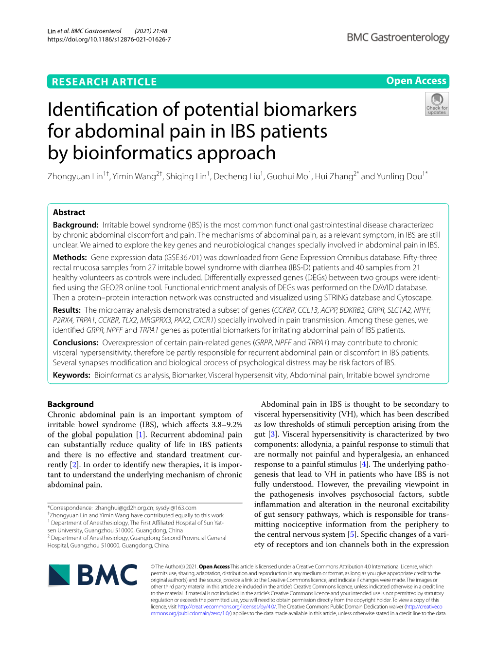 Identification of Potential Biomarkers for Abdominal Pain in IBS Patients by Bioinformatics Approach