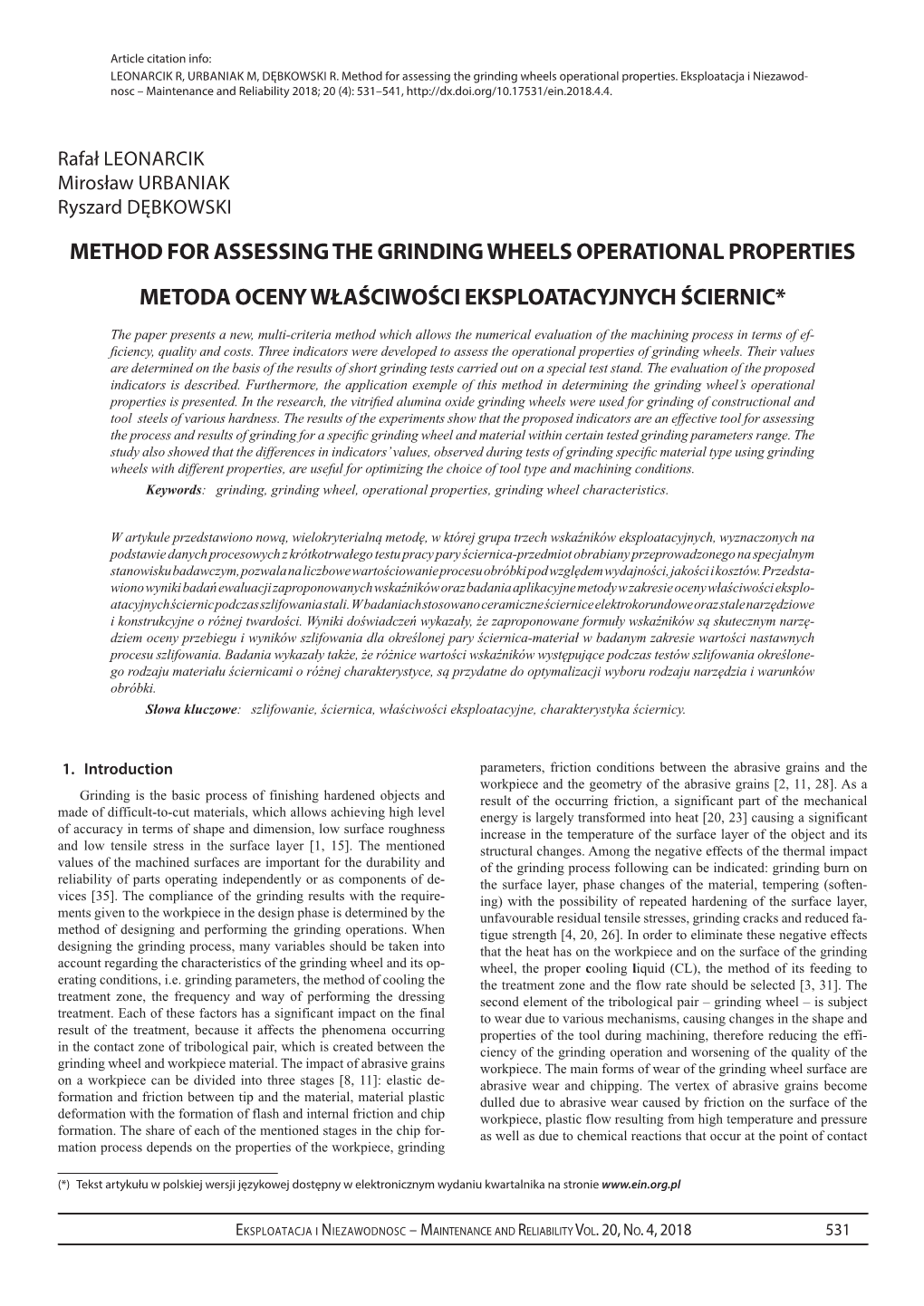 Method for Assessing the Grinding Wheels Operational Properties