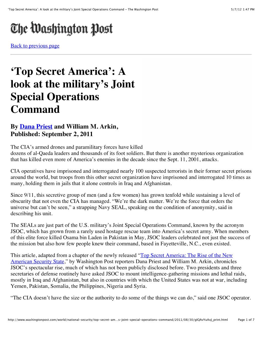 'Top Secret America': a Look at the Military's Joint Special Operations