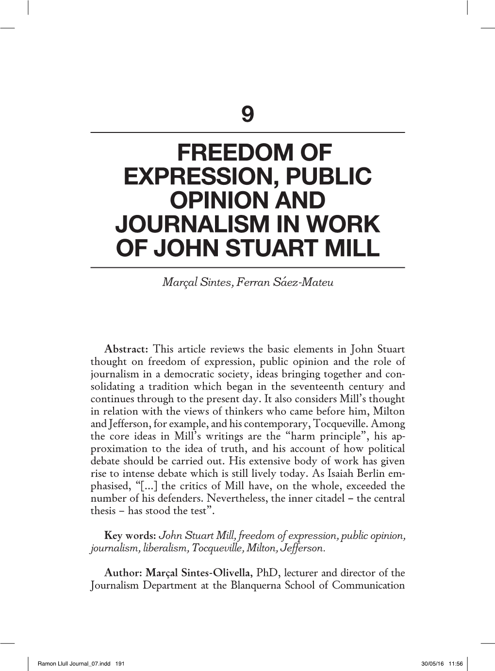 Freedom of Expression, Public Opinion and Journalism in Work of John Stuart Mill