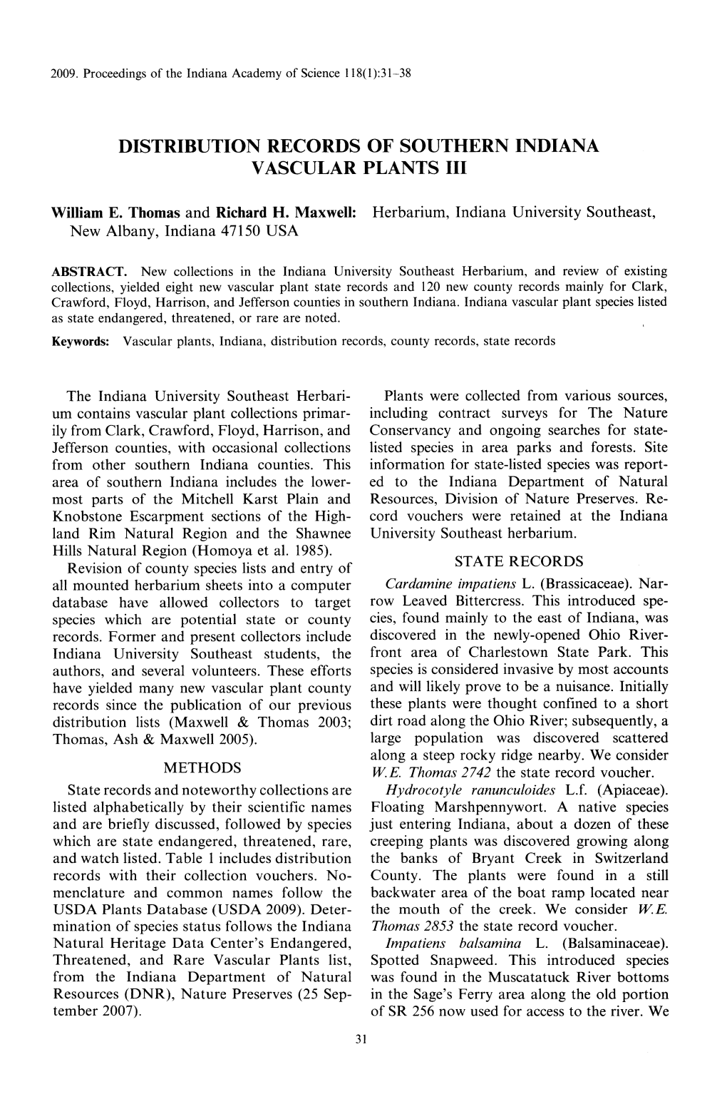 Distribution Records of Southern Indiana Vascular Plants Iii