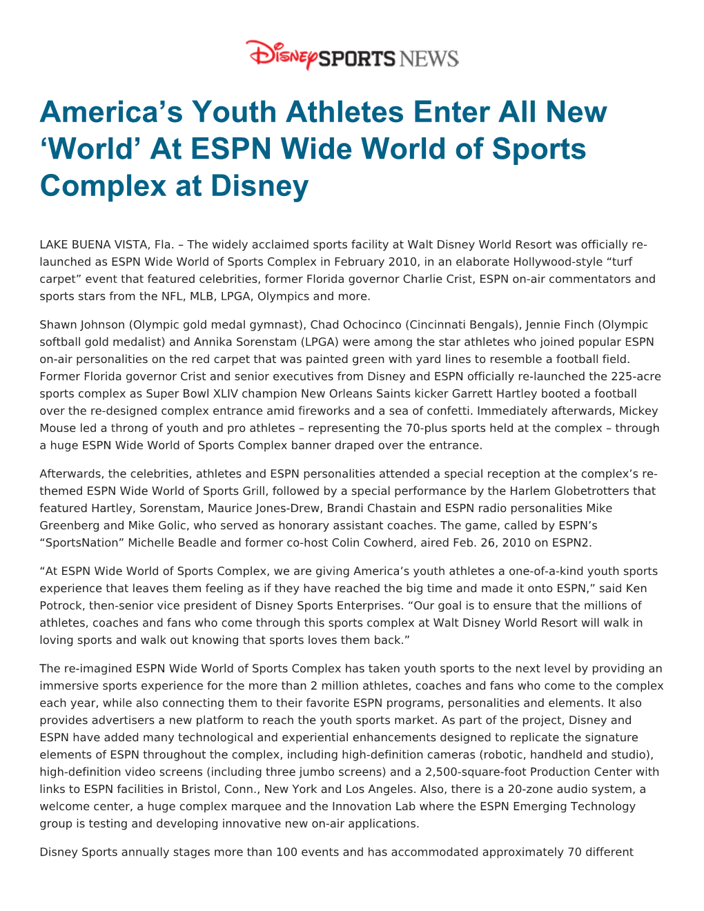 America's Youth Athletes Enter All New 'World' at ESPN Wide World