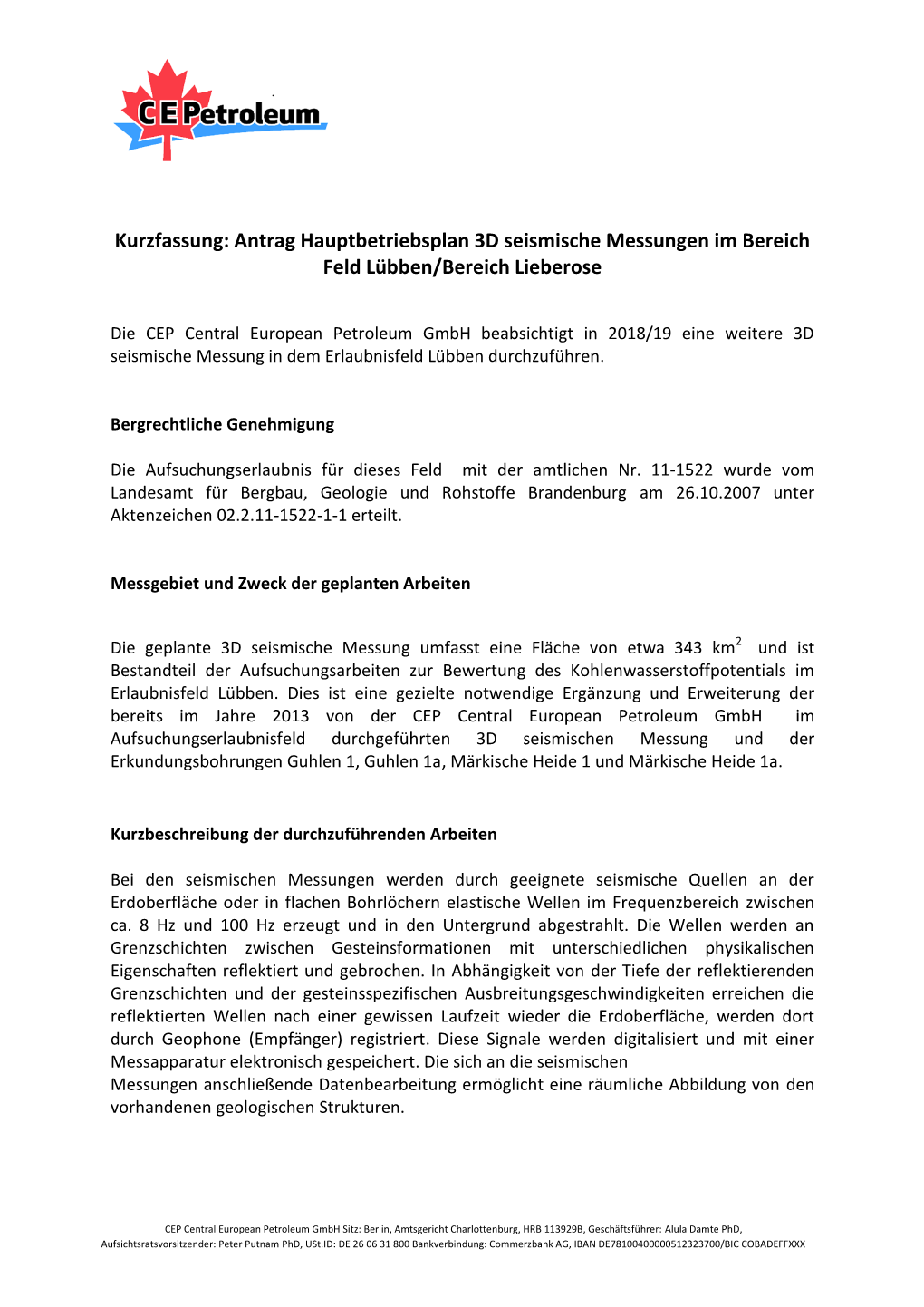 Kurzfassung: Antrag Hauptbetriebsplan 3D Seismische Messungen Im Bereich Feld Lübben/Bereich Lieberose