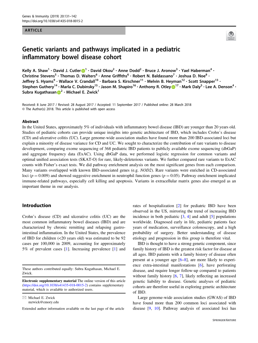 Genetic Variants and Pathways Implicated in a Pediatric Inﬂammatory Bowel Disease Cohort