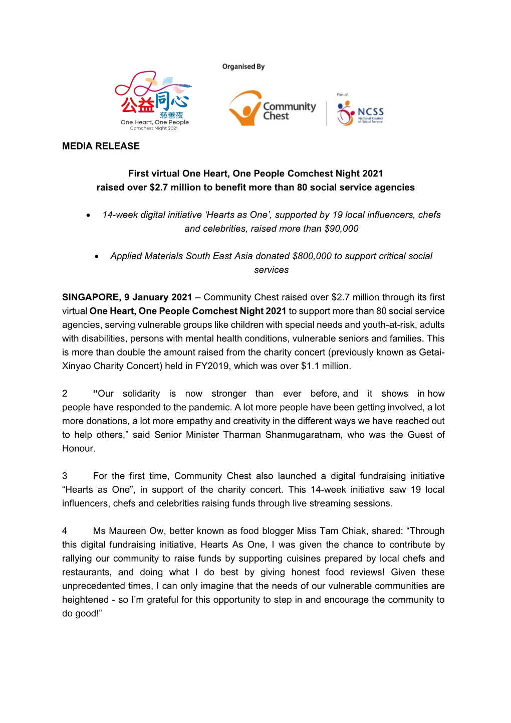 MEDIA RELEASE First Virtual One Heart, One People Comchest Night 2021 Raised Over $2.7 Million to Benefit More Than 80 Social S