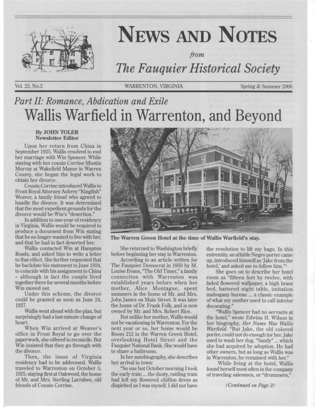 NEWS and Notes from the Fauquier Historical Society