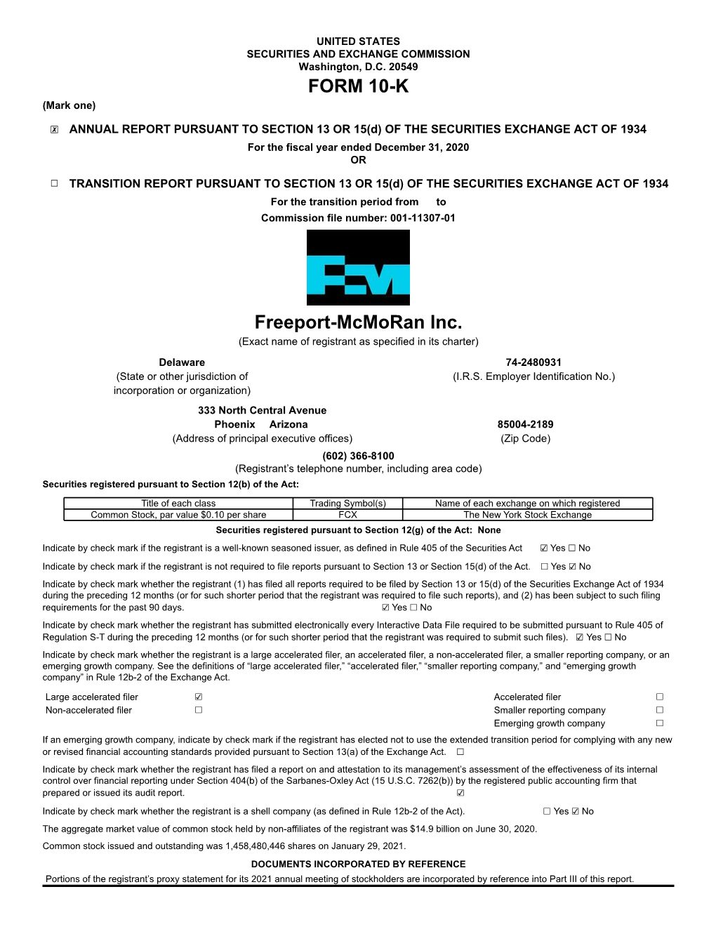 FORM 10-K Freeport-Mcmoran Inc