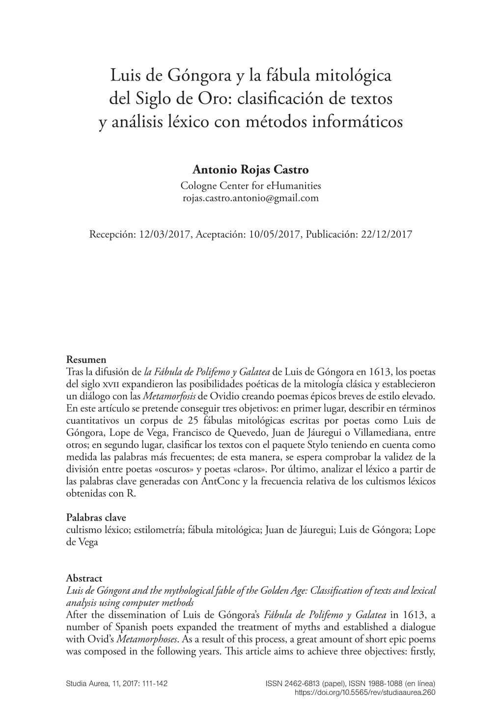 Luis De Góngora Y La Fábula Mitológica Del Siglo De Oro: Clasificación De Textos Y Análisis Léxico Con Métodos Informáticos