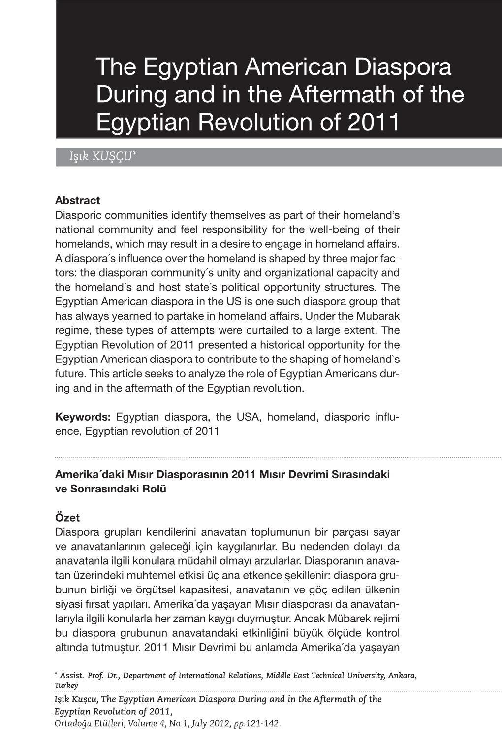 The Egyptian American Diaspora During and in the Aftermath of the Egyptian Revolution of 2011