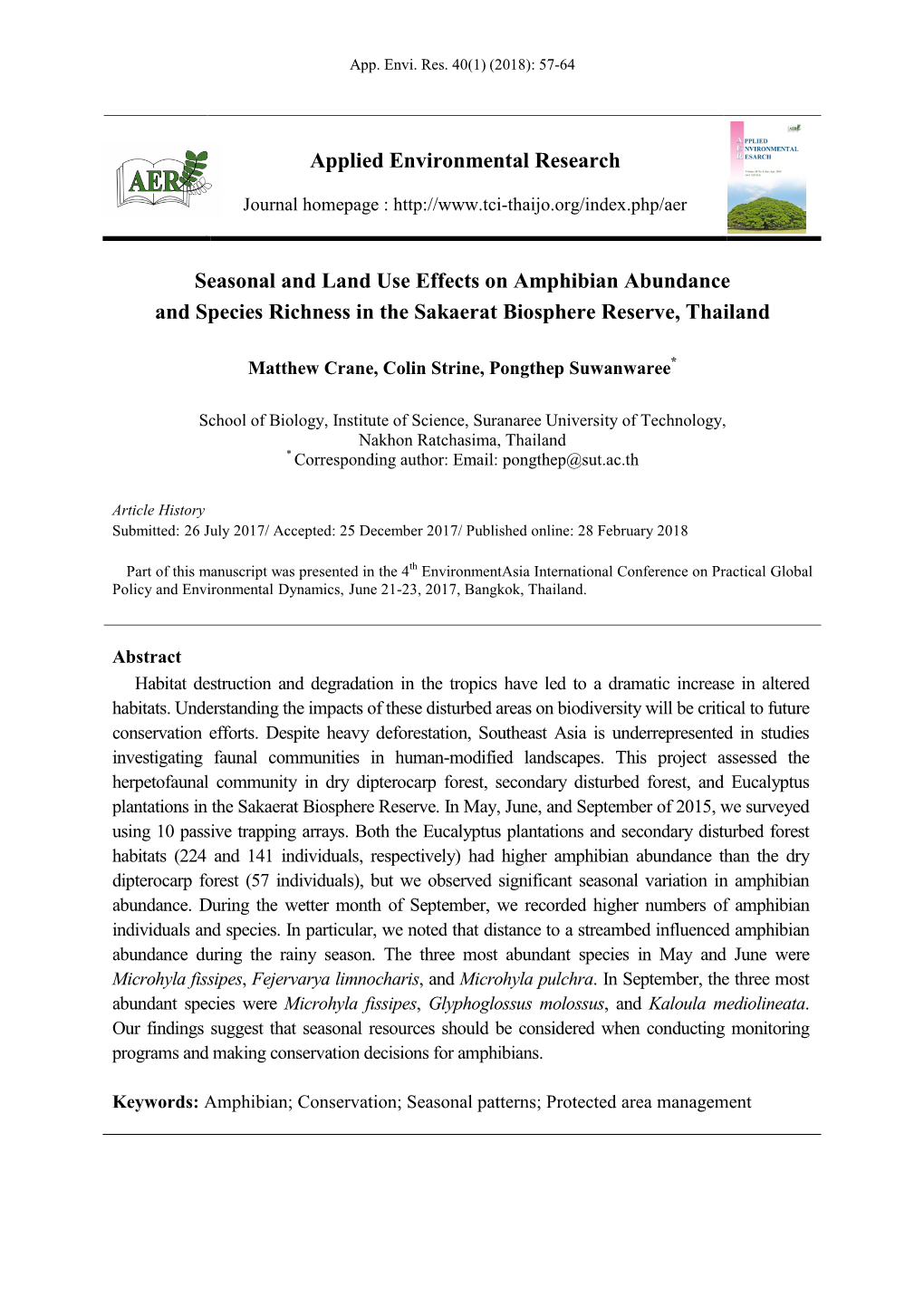 Seasonal and Land Use Effects on Amphibian Abundance and Species Richness in the Sakaerat Biosphere Reserve, Thailand