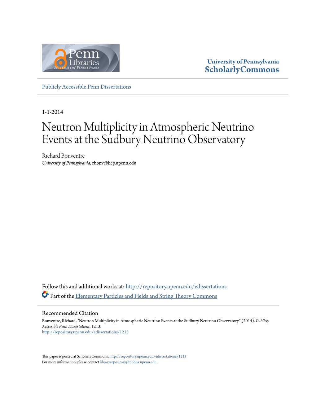 Neutron Multiplicity in Atmospheric Neutrino Events at the Sudbury Neutrino Observatory Richard Bonventre University of Pennsylvania, Rbonv@Hep.Upenn.Edu