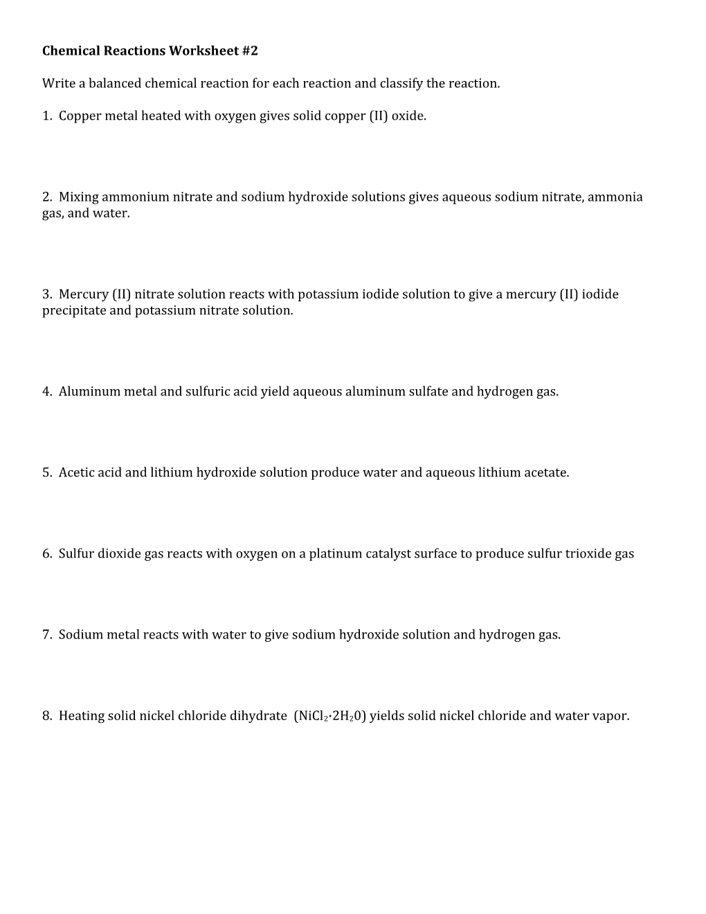 Classifying Chemical Reactions Worksheet