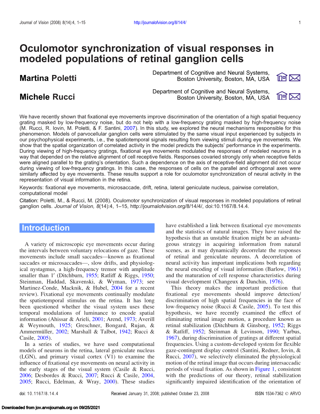 Oculomotor Synchronization of Visual Responses in Modeled Populations of Retinal Ganglion Cells