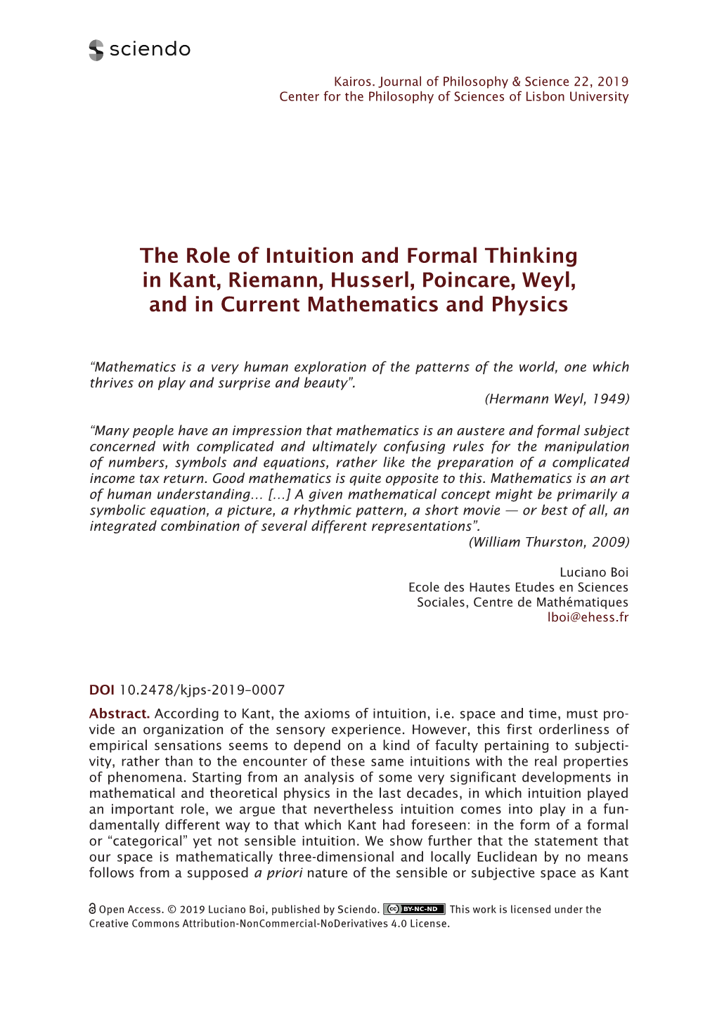 The Role of Intuition and Formal Thinking in Kant, Riemann, Husserl, Poincare, Weyl, and in Current Mathematics and Physics