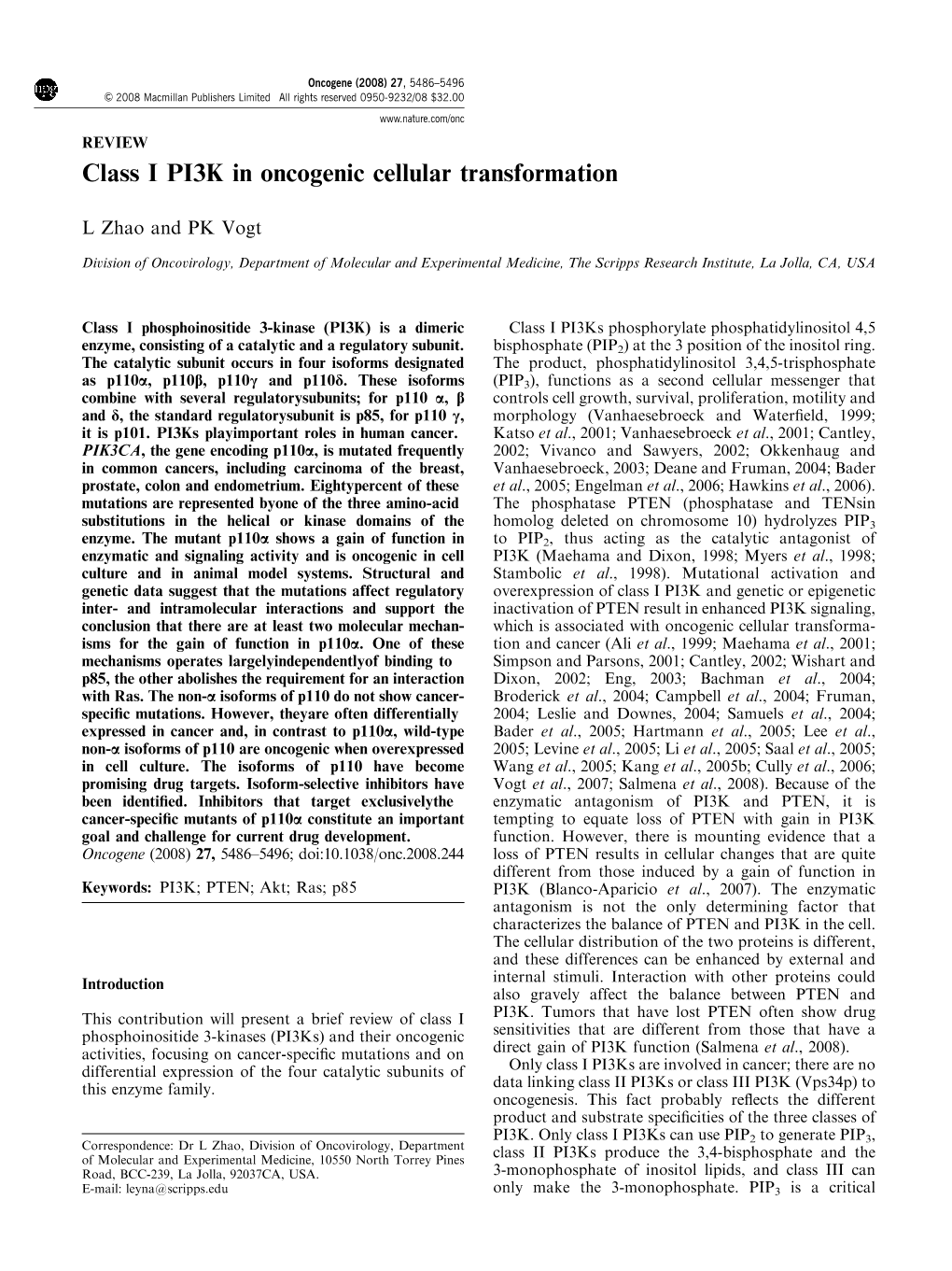Class I PI3K in Oncogenic Cellular Transformation