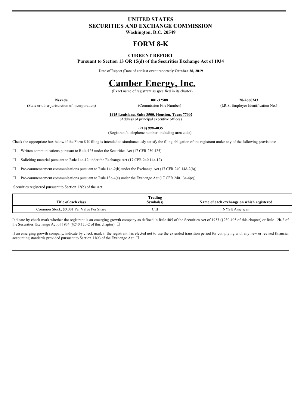 Camber Energy, Inc. (Exact Name of Registrant As Specified in Its Charter)