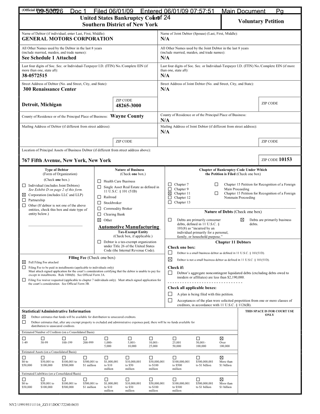 09-50026 Doc 1 Filed 06/01/09 Entered 06