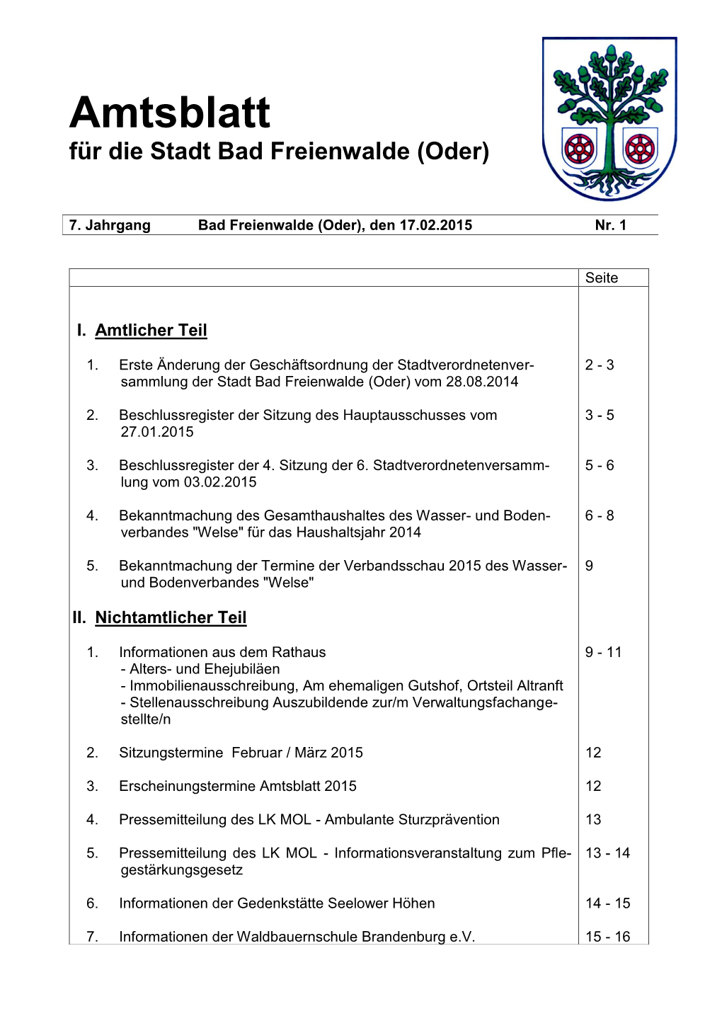 Amtsblatt Für Die Stadt Bad Freienwalde (Oder)