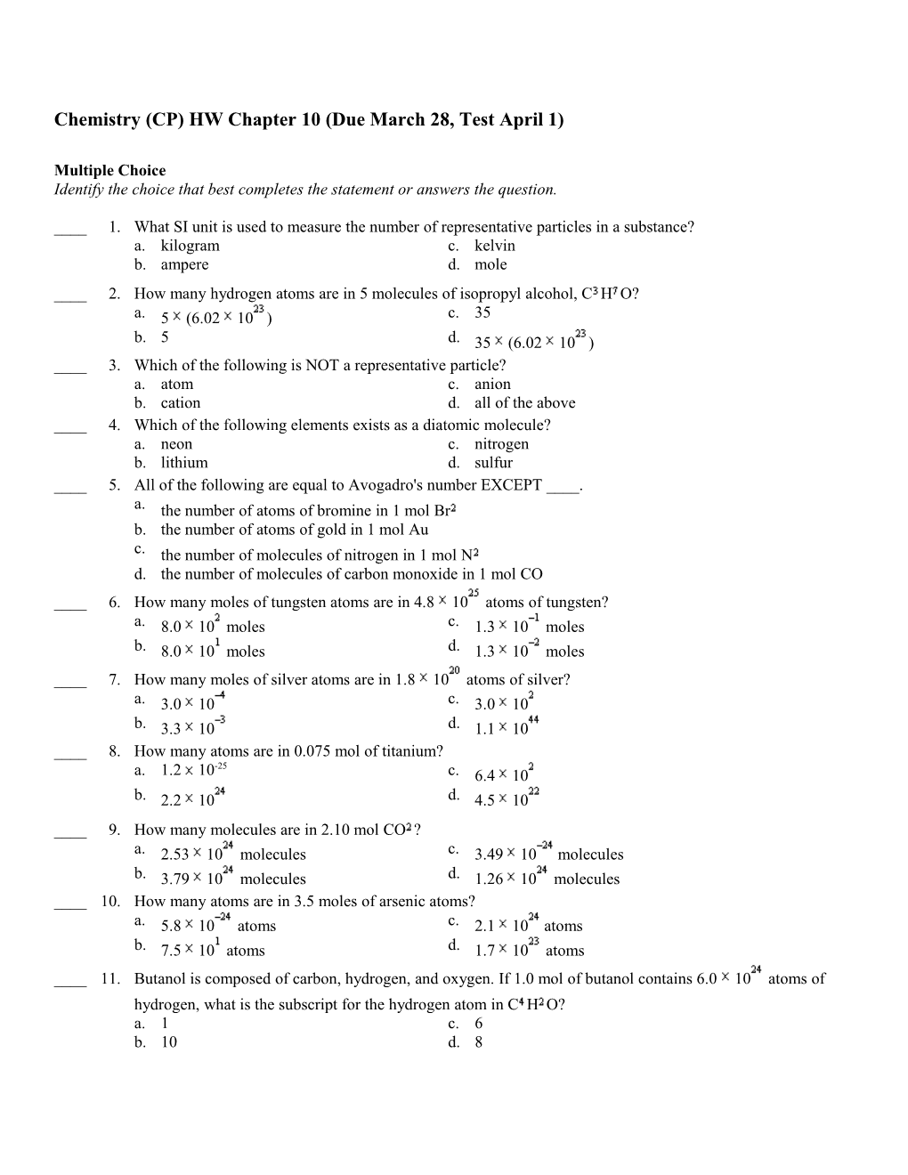 Chemistry (CP) HW Chapter 10 (Due March 28, Test April 1)