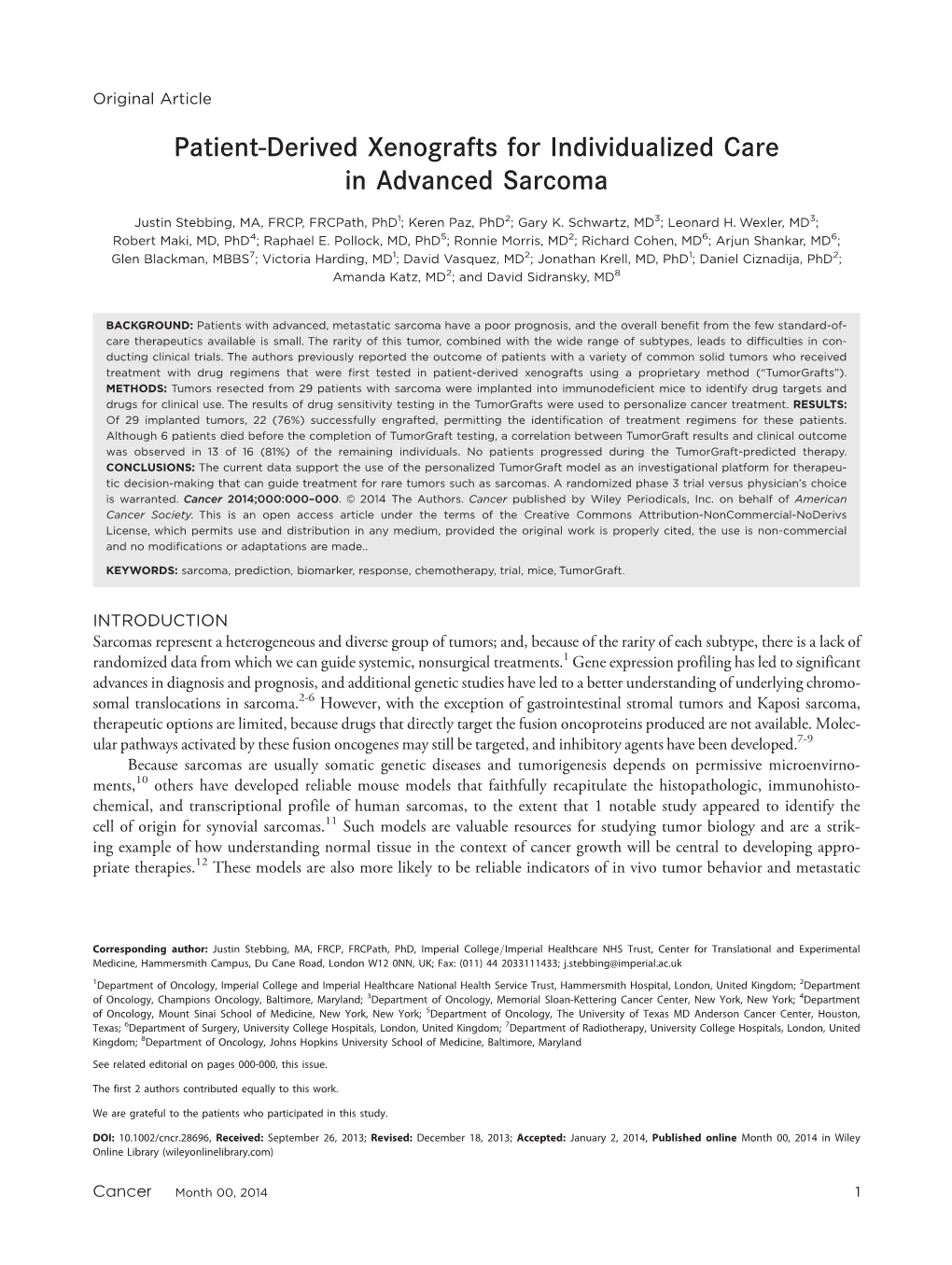 Patientderived Xenografts for Individualized Care in Advanced Sarcoma