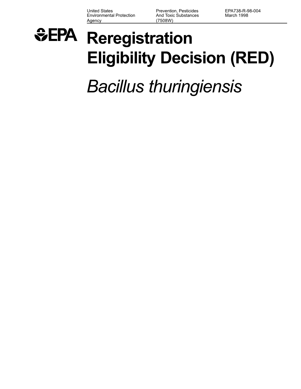 Reregistration Eligibility Decision (RED) for Bacillus Thuringiensis (Bt)