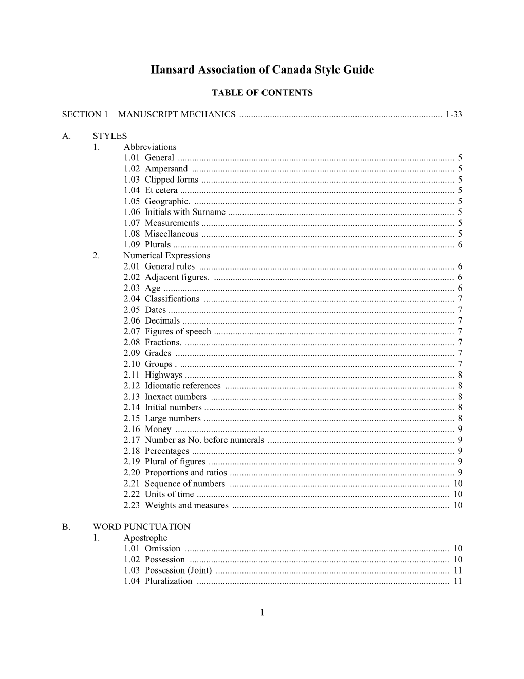 Hansard Association of Canada Style Guide